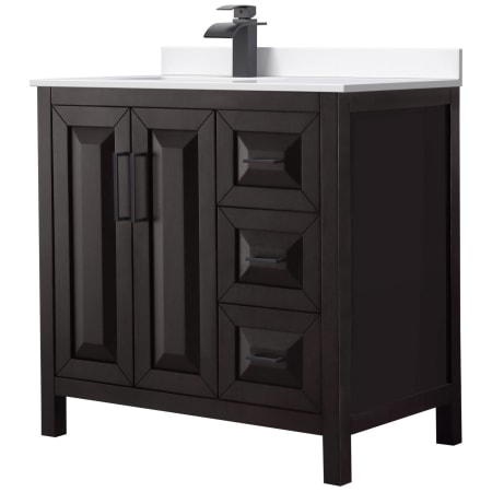 A large image of the Wyndham Collection WCV252536S-Left-VCA-MXX Dark Espresso / White Cultured Marble Top / Matte Black Hardware
