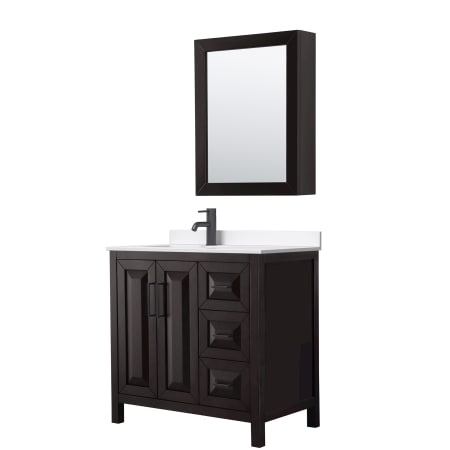 A large image of the Wyndham Collection WCV252536S-QTZ-UNSMED Dark Espresso / White Quartz Top / Matte Black Hardware