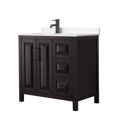 A large image of the Wyndham Collection WCV252536S-QTZ-UNSMXX Dark Espresso / White Quartz Top / Matte Black Hardware