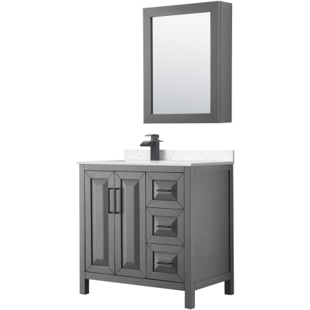 A large image of the Wyndham Collection WCV252536S-Left-VCA-MED Dark Gray / Carrara Cultured Marble Top / Matte Black Hardware