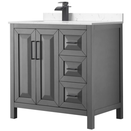 A large image of the Wyndham Collection WCV252536S-Left-VCA-MXX Dark Gray / Carrara Cultured Marble Top / Matte Black Hardware
