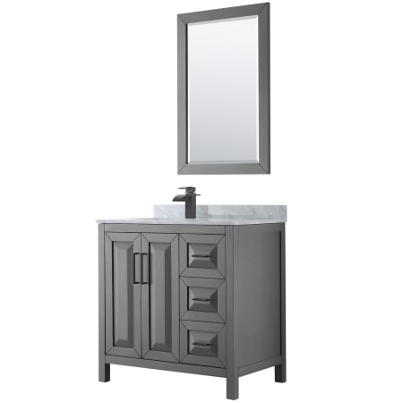 A large image of the Wyndham Collection WCV252536SUNSM24 Dark Gray / White Carrara Marble Top / Matte Black Hardware