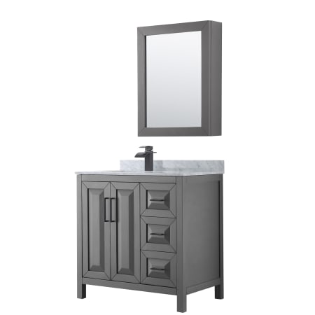 A large image of the Wyndham Collection WCV252536SUNSMED Dark Gray / White Carrara Marble Top / Matte Black Hardware