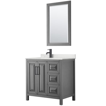 A large image of the Wyndham Collection WCV252536S-QTZ-UNSM24 Dark Gray / Giotto Quartz Top / Matte Black Hardware