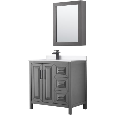 A large image of the Wyndham Collection WCV252536S-Left-VCA-MED Dark Gray / White Cultured Marble Top / Matte Black Hardware