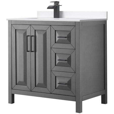 A large image of the Wyndham Collection WCV252536S-Left-VCA-MXX Dark Gray / White Cultured Marble Top / Matte Black Hardware