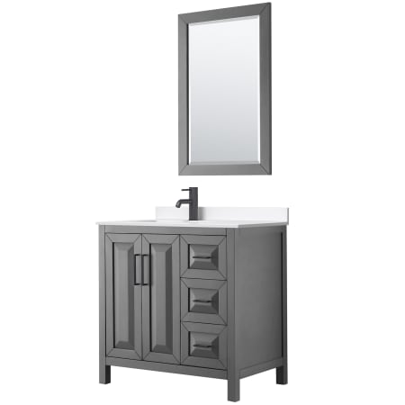 A large image of the Wyndham Collection WCV252536S-QTZ-UNSM24 Dark Gray / White Quartz Top / Matte Black Hardware