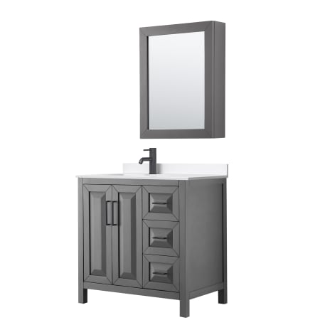 A large image of the Wyndham Collection WCV252536S-QTZ-UNSMED Dark Gray / White Quartz Top / Matte Black Hardware