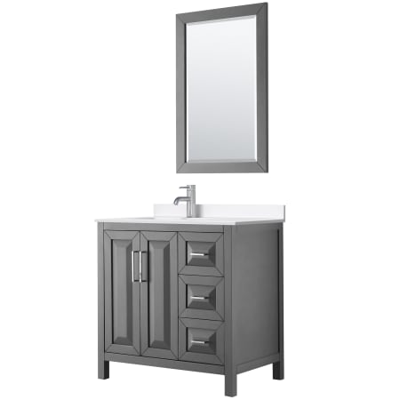 A large image of the Wyndham Collection WCV252536S-QTZ-UNSM24 Dark Gray / White Quartz Top / Polished Chrome Hardware