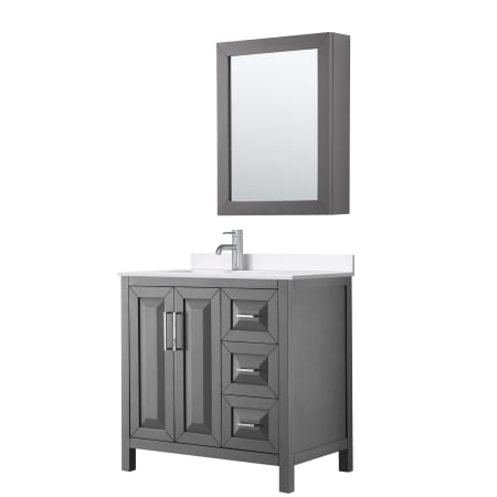 A large image of the Wyndham Collection WCV252536S-QTZ-UNSMED Dark Gray / White Quartz Top / Polished Chrome Hardware