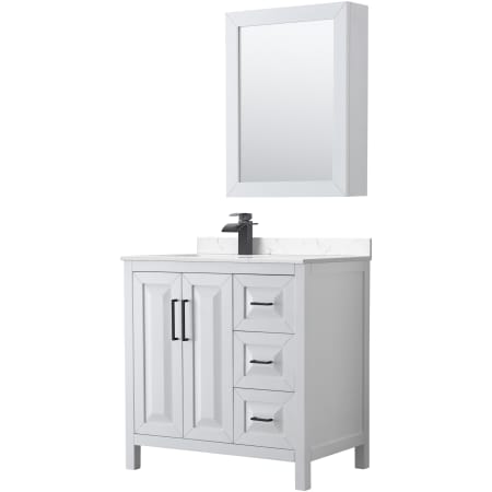 A large image of the Wyndham Collection WCV252536S-Left-VCA-MED White / Carrara Cultured Marble Top / Matte Black Hardware