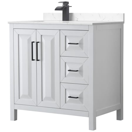 A large image of the Wyndham Collection WCV252536S-Left-VCA-MXX White / Carrara Cultured Marble Top / Matte Black Hardware