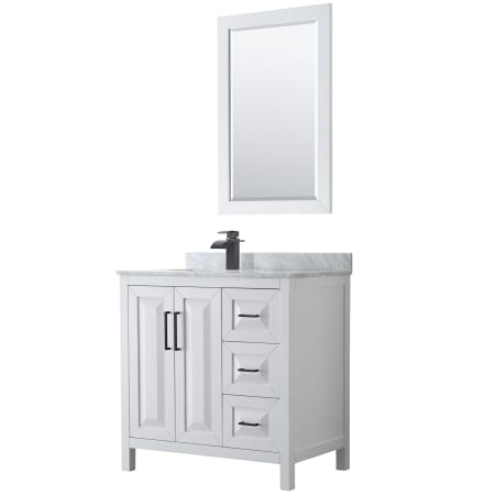 A large image of the Wyndham Collection WCV252536SUNSM24 White / White Carrara Marble Top / Matte Black Hardware