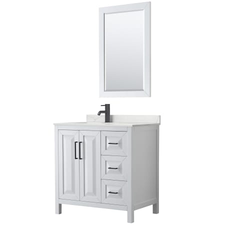 A large image of the Wyndham Collection WCV252536S-QTZ-UNSM24 White / Giotto Quartz Top / Matte Black Hardware