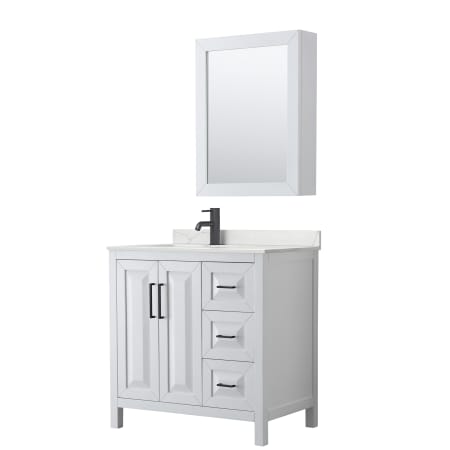 A large image of the Wyndham Collection WCV252536S-QTZ-UNSMED White / Giotto Quartz Top / Matte Black Hardware