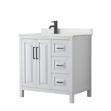 A large image of the Wyndham Collection WCV252536S-QTZ-UNSMXX White / Giotto Quartz Top / Matte Black Hardware