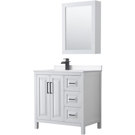 A large image of the Wyndham Collection WCV252536S-Left-VCA-MED White / White Cultured Marble Top / Matte Black Hardware