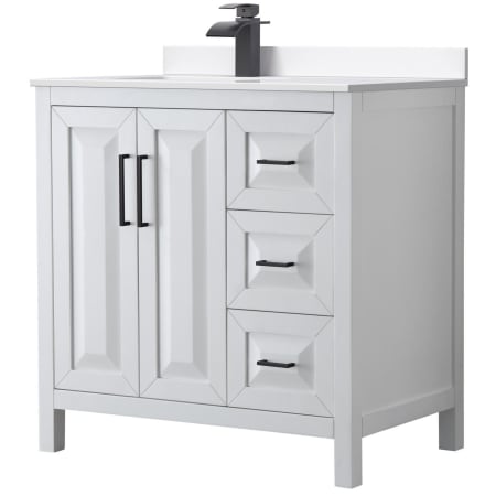 A large image of the Wyndham Collection WCV252536S-Left-VCA-MXX White / White Cultured Marble Top / Matte Black Hardware