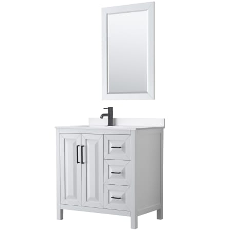 A large image of the Wyndham Collection WCV252536S-QTZ-UNSM24 White / White Quartz Top / Matte Black Hardware