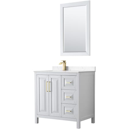A large image of the Wyndham Collection WCV252536S-Left-VCA-M24 White / Carrara Cultured Marble Top / Brushed Gold Hardware