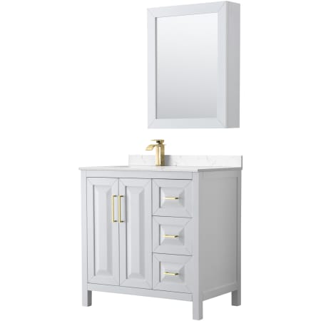 A large image of the Wyndham Collection WCV252536S-Left-VCA-MED White / Carrara Cultured Marble Top / Brushed Gold Hardware
