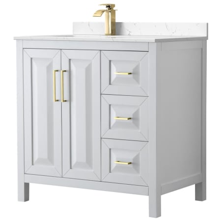 A large image of the Wyndham Collection WCV252536S-Left-VCA-MXX White / Carrara Cultured Marble Top / Brushed Gold Hardware