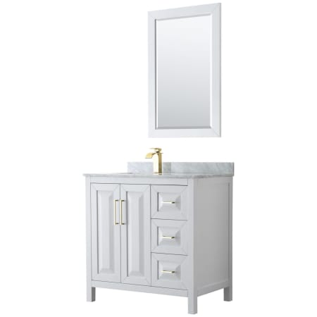 A large image of the Wyndham Collection WCV252536SUNSM24 White / White Carrara Marble Top / Brushed Gold Hardware