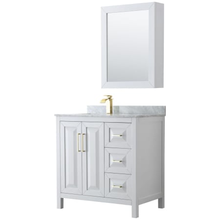 A large image of the Wyndham Collection WCV252536SUNSMED White / White Carrara Marble Top / Brushed Gold Hardware