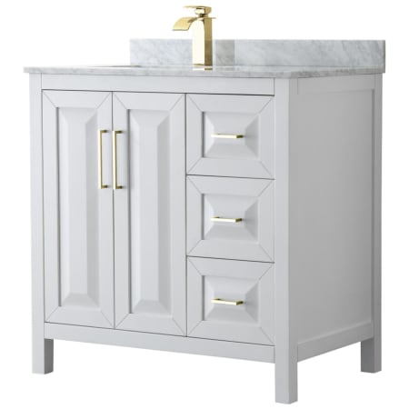 A large image of the Wyndham Collection WCV252536SUNSMXX White / White Carrara Marble Top / Brushed Gold Hardware
