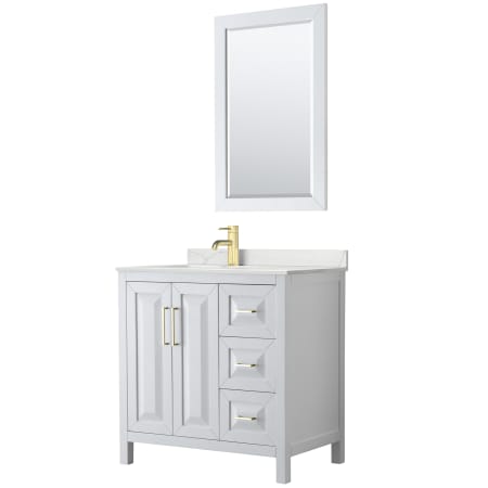 A large image of the Wyndham Collection WCV252536S-QTZ-UNSM24 White / Giotto Quartz Top / Brushed Gold Hardware