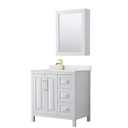 A large image of the Wyndham Collection WCV252536S-QTZ-UNSMED White / Giotto Quartz Top / Brushed Gold Hardware