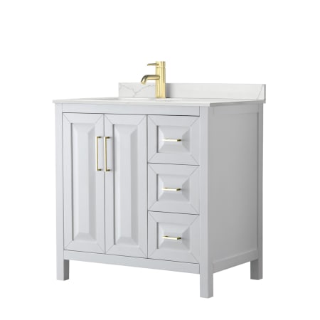 A large image of the Wyndham Collection WCV252536S-QTZ-UNSMXX White / Giotto Quartz Top / Brushed Gold Hardware