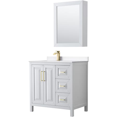 A large image of the Wyndham Collection WCV252536S-Left-VCA-MED White / White Cultured Marble Top / Brushed Gold Hardware
