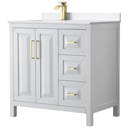 A large image of the Wyndham Collection WCV252536S-Left-VCA-MXX White / White Cultured Marble Top / Brushed Gold Hardware