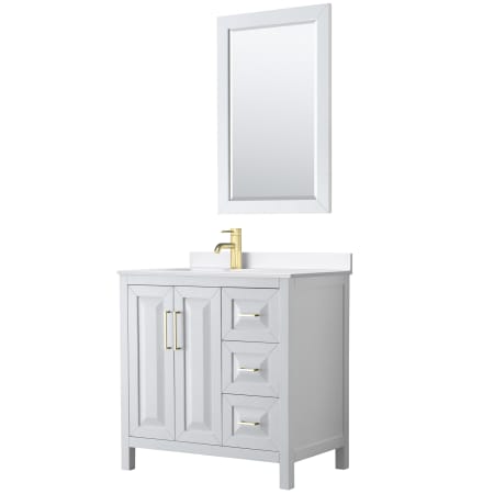 A large image of the Wyndham Collection WCV252536S-QTZ-UNSM24 White / White Quartz Top / Brushed Gold Hardware