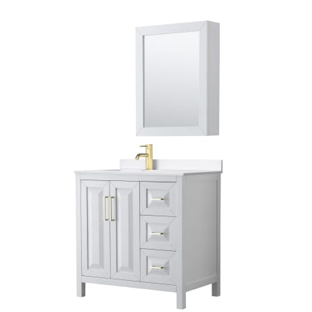 A large image of the Wyndham Collection WCV252536S-QTZ-UNSMED White / White Quartz Top / Brushed Gold Hardware