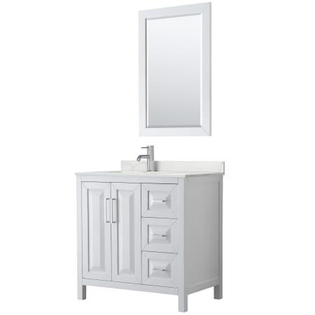 A large image of the Wyndham Collection WCV252536S-QTZ-UNSM24 White / Giotto Quartz Top / Polished Chrome Hardware