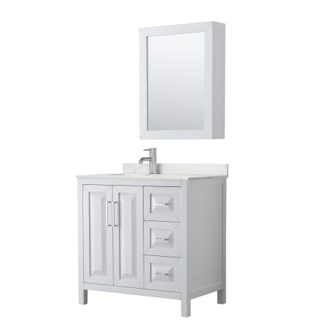 A large image of the Wyndham Collection WCV252536S-QTZ-UNSMED White / Giotto Quartz Top / Polished Chrome Hardware