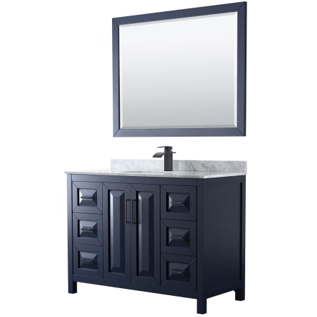 A large image of the Wyndham Collection WCV252548SUNSM46 Dark Blue / White Carrara Marble Top / Matte Black Hardware