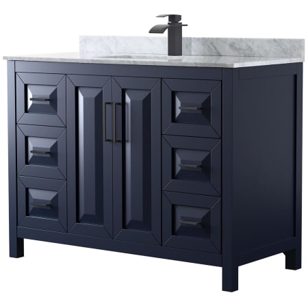 A large image of the Wyndham Collection WCV252548SUNSMXX Dark Blue / White Carrara Marble Top / Matte Black Hardware