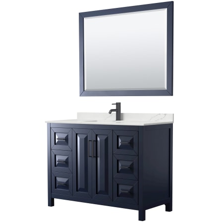 A large image of the Wyndham Collection WCV252548S-QTZ-UNSM46 Dark Blue / Giotto Quartz Top / Matte Black Hardware