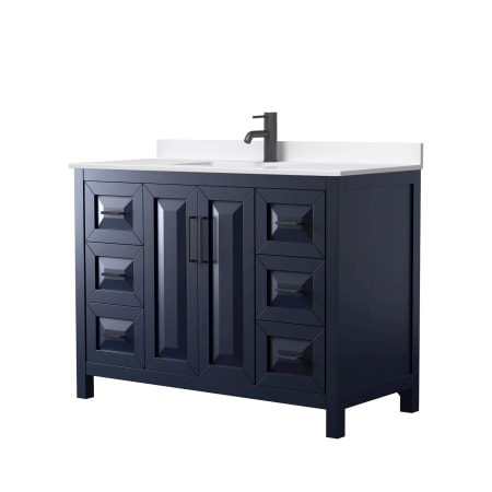 A large image of the Wyndham Collection WCV252548S-QTZ-UNSMXX Dark Blue / White Quartz Top / Matte Black Hardware