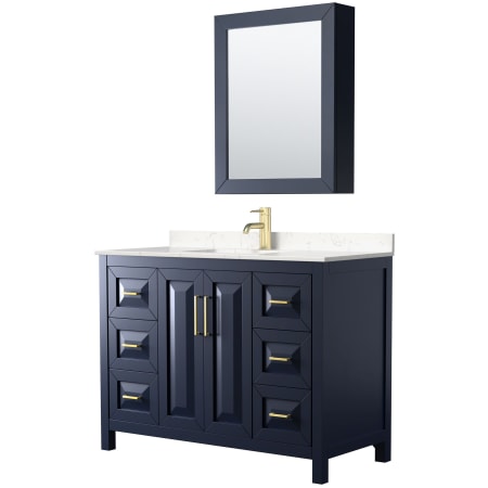 A large image of the Wyndham Collection WCV252548S-VCA-MED Dark Blue / Carrara Cultured Marble Top / Brushed Gold Hardware