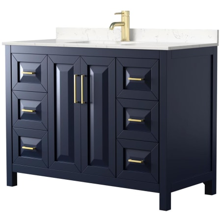 A large image of the Wyndham Collection WCV252548S-VCA-MXX Dark Blue / Carrara Cultured Marble Top / Brushed Gold Hardware