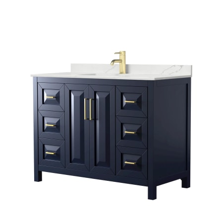 A large image of the Wyndham Collection WCV252548S-QTZ-UNSMXX Dark Blue / Giotto Quartz Top / Brushed Gold Hardware