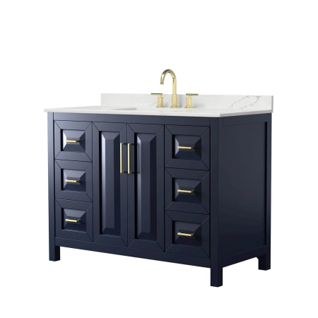 A large image of the Wyndham Collection WCV252548S-QTZ-US3MXX Dark Blue / Giotto Quartz Top / Brushed Gold Hardware