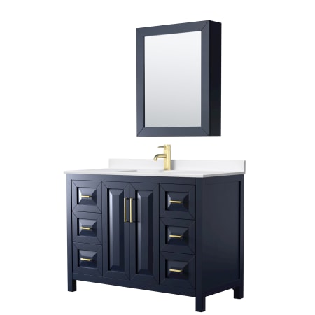 A large image of the Wyndham Collection WCV252548S-QTZ-UNSMED Dark Blue / White Quartz Top / Brushed Gold Hardware