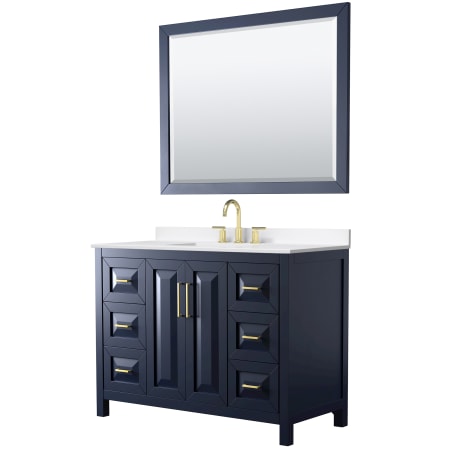 A large image of the Wyndham Collection WCV252548S-QTZ-US3M46 Dark Blue / White Quartz Top / Brushed Gold Hardware