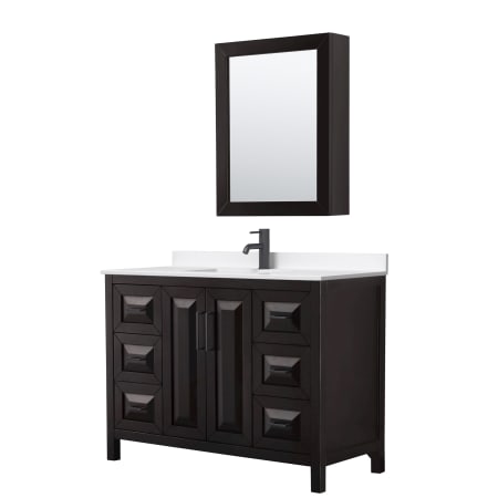 A large image of the Wyndham Collection WCV252548S-QTZ-UNSMED Dark Espresso / White Quartz Top / Matte Black Hardware