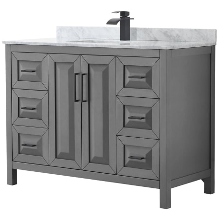 A large image of the Wyndham Collection WCV252548SUNSMXX Dark Gray / White Carrara Marble Top / Matte Black Hardware